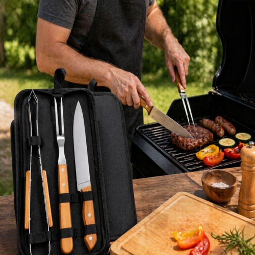 Kit Churrasco 3 Peças Aço Inox Cabo Madeira Estojo Portátil Faca Garfo Pegador Utimix - imagem 4