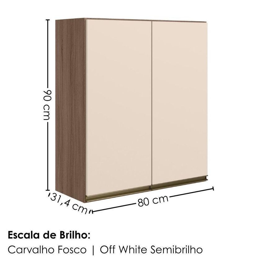 Armário Aéreo Kali Premium 80cm 2 Portas MDF Carvalho Toq Off White Nicioli Móveis - imagem 5