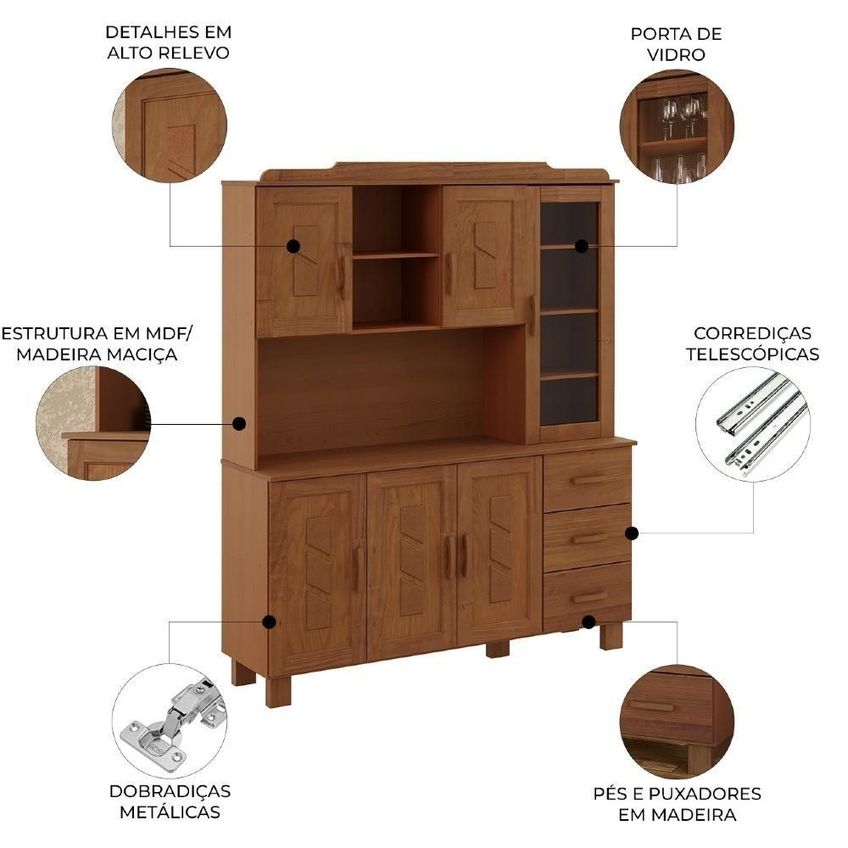 Armário De Cozinha Giana 6 Portas 3 Gavetas 156cm Castanho Mpozenato - imagem 4