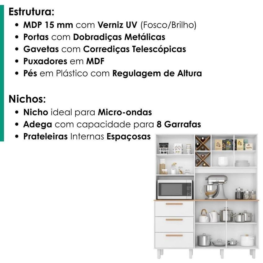 Kit Cozinha Mari 5 Portas 3 Gavetas MDP 161cm Branco Absoluto Zanz - imagem 4