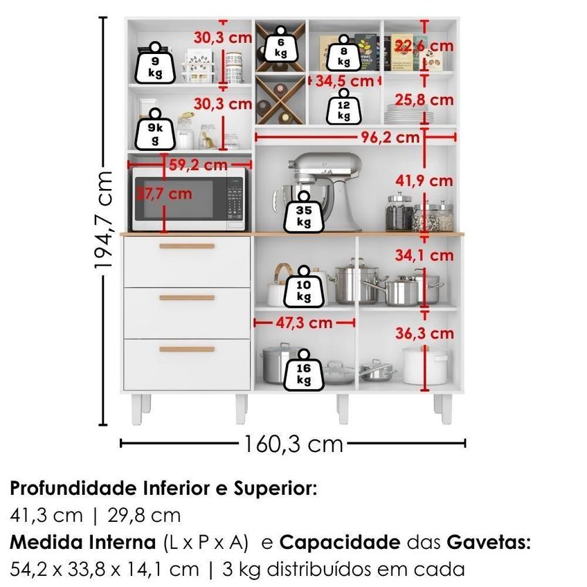 Kit Cozinha Mari 5 Portas 3 Gavetas MDP 161cm Branco Absoluto Zanz - imagem 5