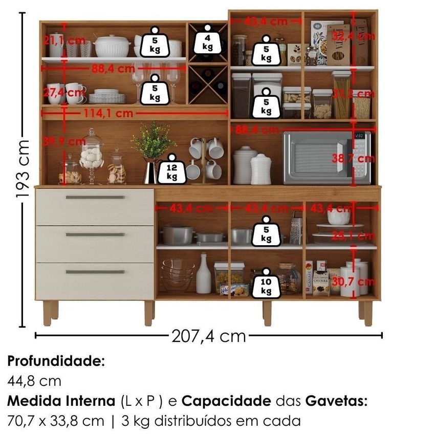 Kit Cozinha Atria 7 Portas 3 Gavetas MDP 207,4cm Cinamomo Areia Milani Movelaria - imagem 5
