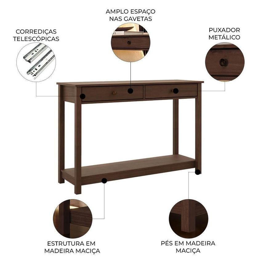 Aparador Vitalis Moderno 2 Gavetas Madeira Maciça 120cm Marrom Mpozenato - imagem 3