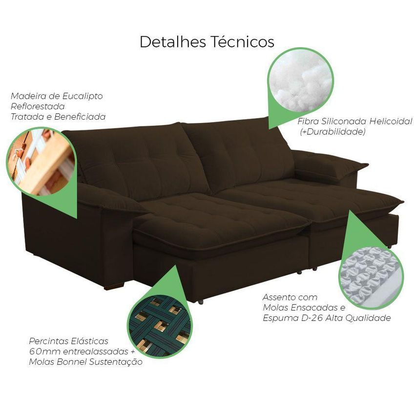 Sofá Lisboa 3 Lugares Retrátil E Reclinável 240cm Marrom Lansof Brasil - imagem 4