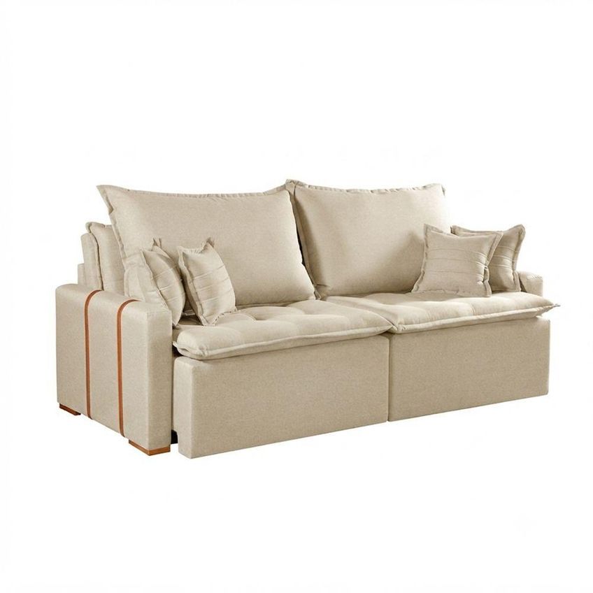 Sofá Cama Orfeu 3 Lugares Retrátil Com Chaise 240cm Bege Veludo Estrutura Madeira - imagem 2