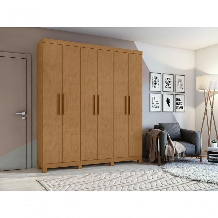 Guarda Roupa Casal Jazz 6 Portas De Bater 3 Gavetas Mdf-mdp Amendoa Clean Móveis Lopas - imagem 5