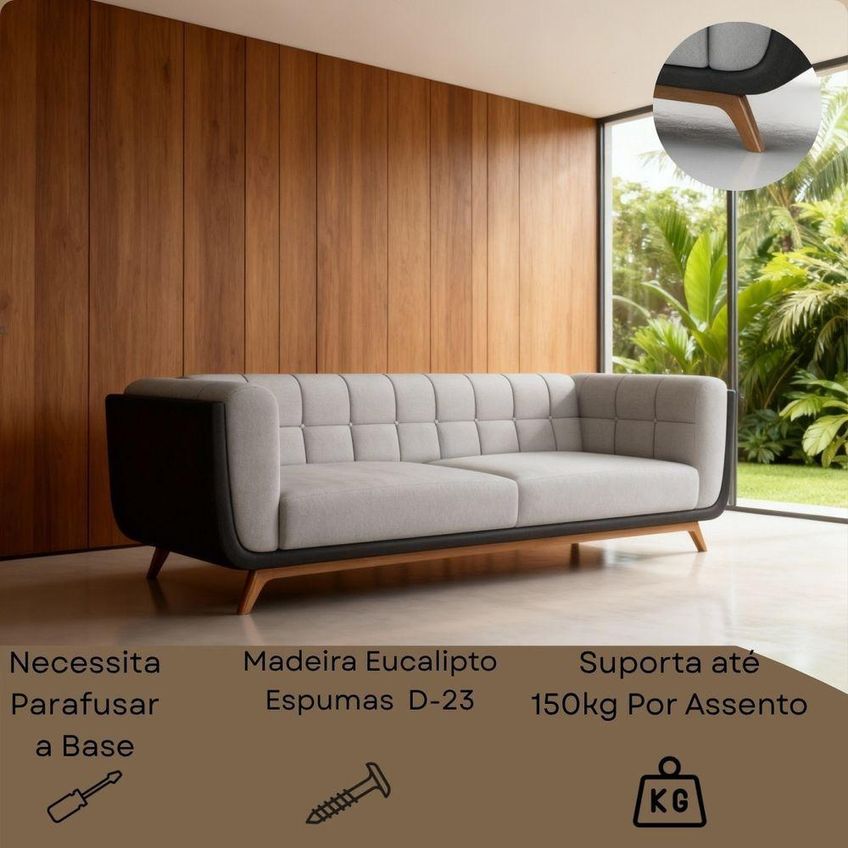 Sofá Madri 3 Lugares 240cm Cinza Claro Bouclê Corino Pés Madeira Premium Compose Divani - imagem 3