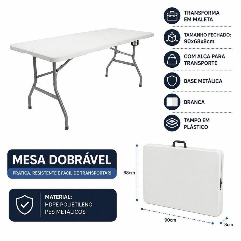 Mesa Dobrável Portátil Miami Retangular Tampo Em Hdpe Estrutura Em Metal Branco Sallar Home 180cm - imagem 3