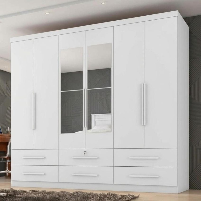 Guarda Roupa Casal Mari 6 Portas De Bater 3 Gavetas MDP Branco Absoluto Milani Moveleira 230cm - imagem 3