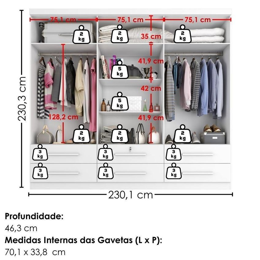 Guarda Roupa Casal Mari 6 Portas De Bater 3 Gavetas MDP Branco Absoluto Milani Moveleira 230cm - imagem 5