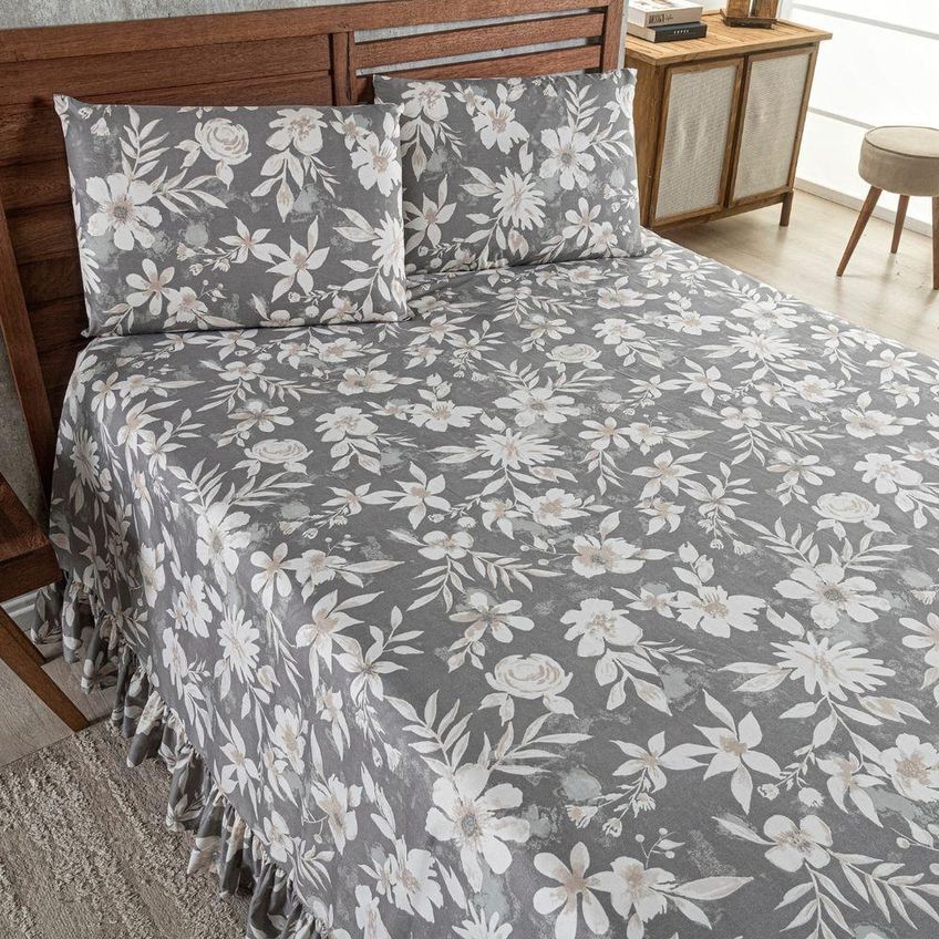 Kit Cobre Leito Laila Casal 400 Fios Micropercal 100% Poliéster Com Babado Estampado Floral Branco - imagem 3