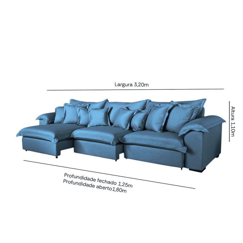 Sofá Com Chaise Magnífico 8 Lugares Retrátil 320cm Azul Linho De Casa Decor Estofados - imagem 2