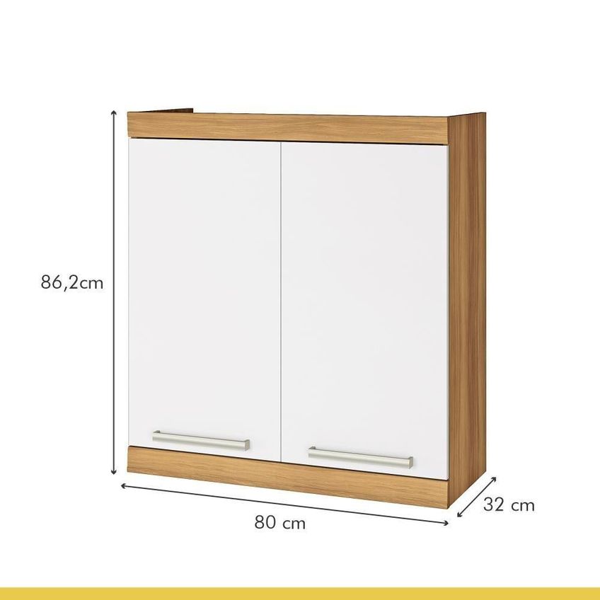 Armário Aéreo De Cozinha Burguesa 80cm 2 Portas MDF Bater Freijó E Branco - imagem 3