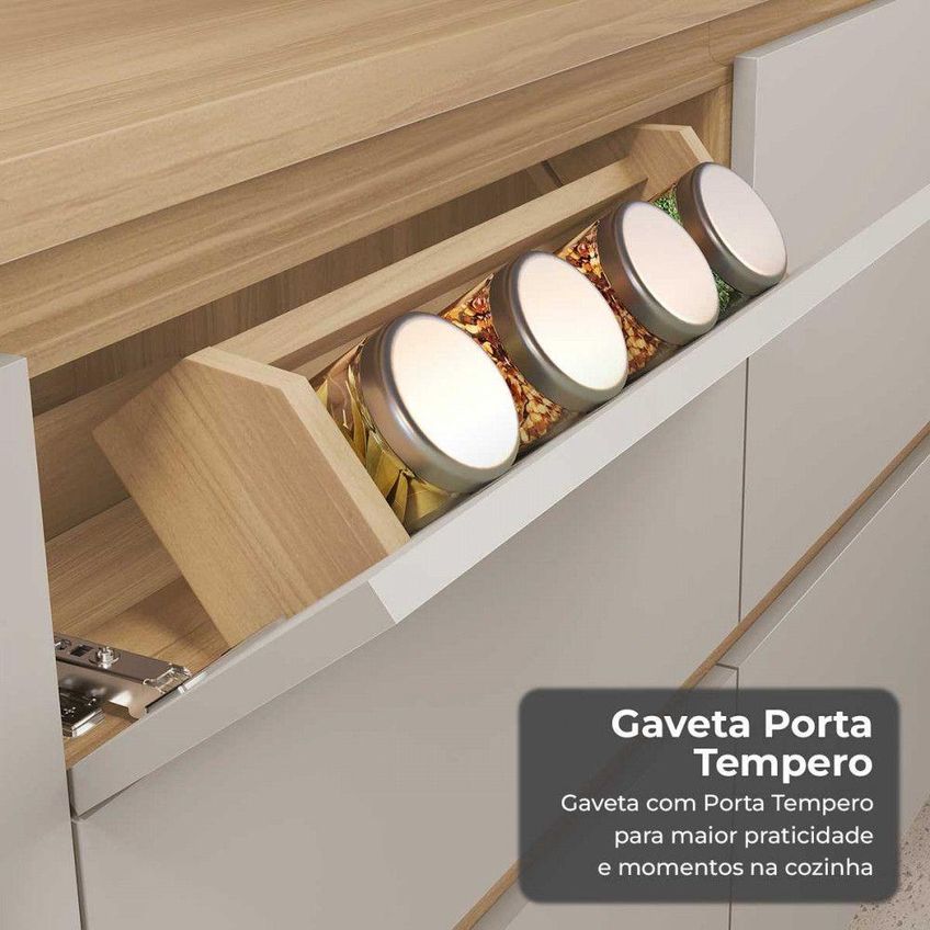 Cozinha 5 Peças Rainha 8 Portas 7 Gavetas MDF 270cm Nature Greige Nesher Móveis - imagem 3