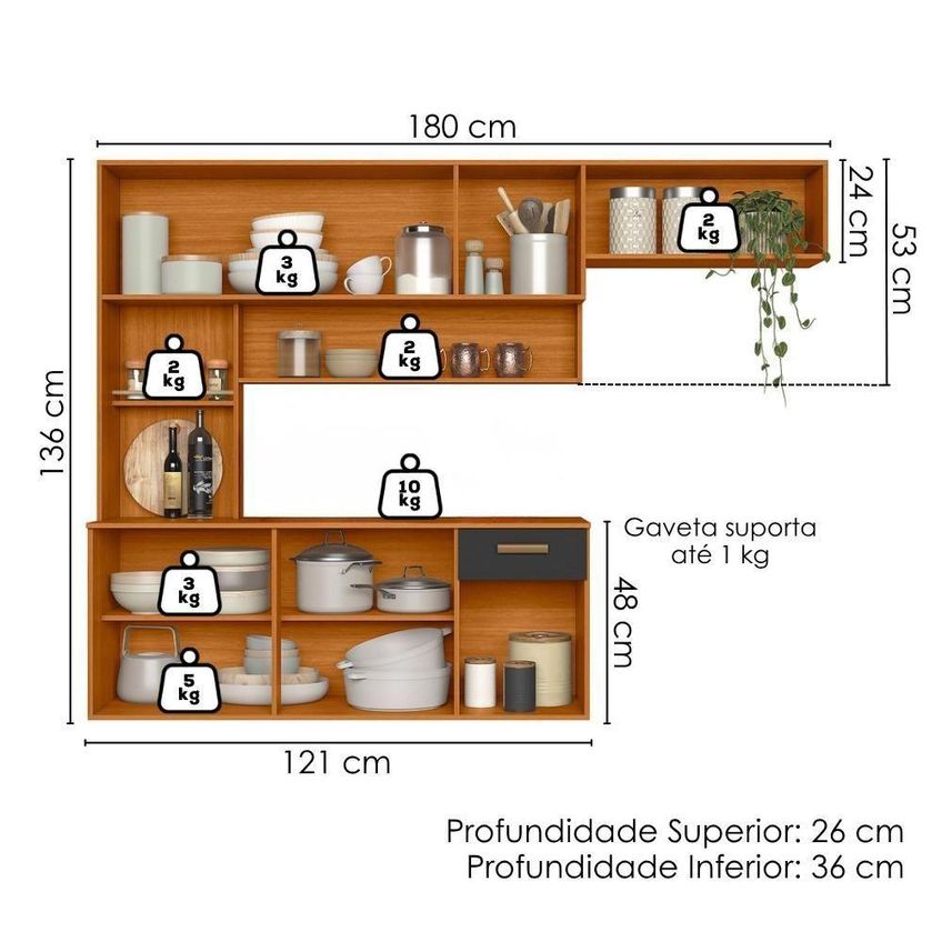 Cozinha Compacta Suspensa Manu 1 Gaveta MDP-MDF 180cm Amadeirado Poliman Móveis - imagem 3