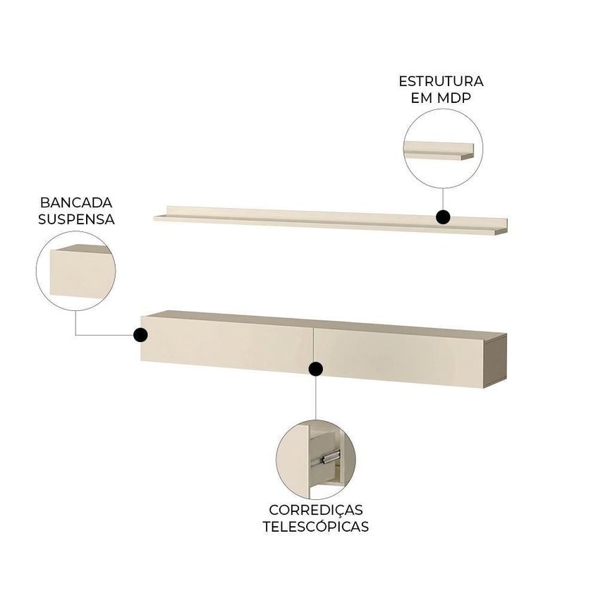 Bancada Suspensa E Prateleira Slat Z49 197cm Mdp Com Gavetas Off White Mpozenato - imagem 3