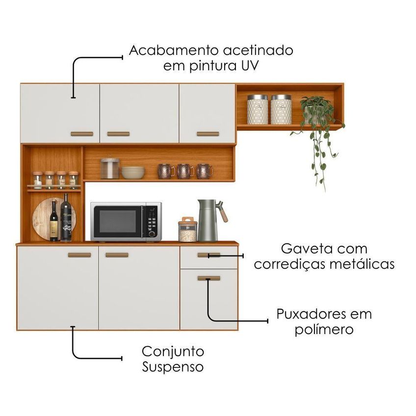 Cozinha Compacta Suspensa Manu 1 Gaveta MDP-MDF 180cm Amadeirado Poliman Móveis - imagem 4