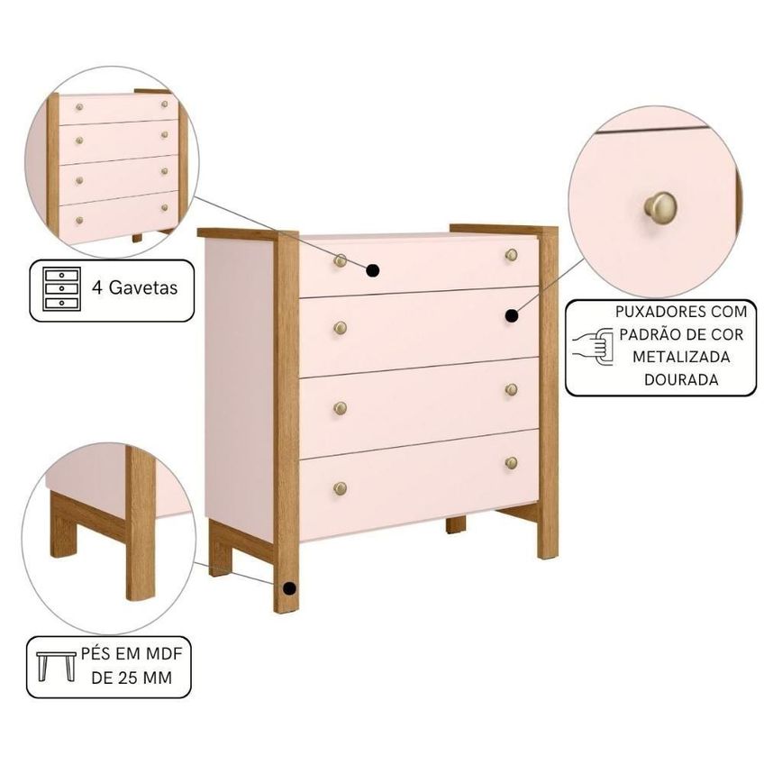 Cômoda Infantil Charlotte 4 Gavetas MDF-MDP Rosa Mais De Casa - imagem 4