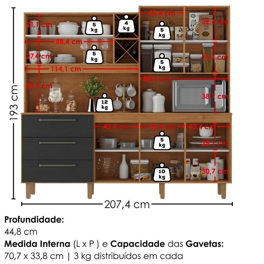 Kit Cozinha Atria 7 Portas 3 Gavetas Mdp Cinamomo Preto Milani Movelaria - imagem 3