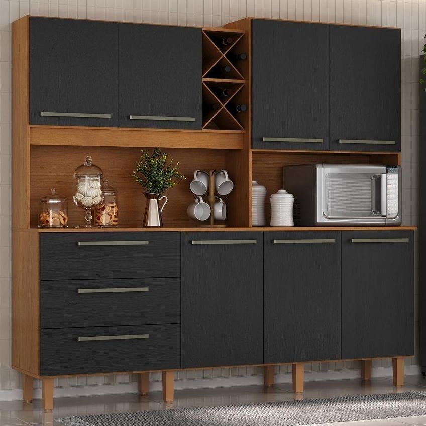 Kit Cozinha Atria 7 Portas 3 Gavetas Mdp Cinamomo Preto Milani Movelaria - imagem 4