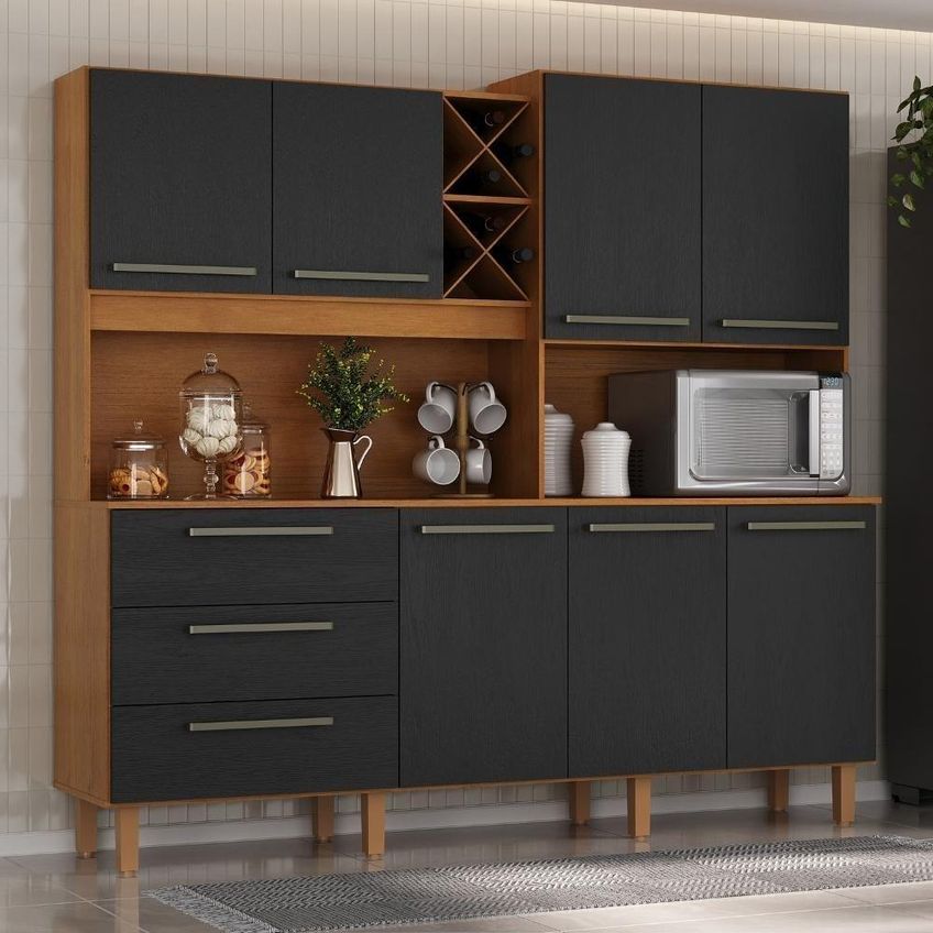 Kit Cozinha Atria 7 Portas 3 Gavetas Mdp Cinamomo Preto Milani Movelaria - imagem 5