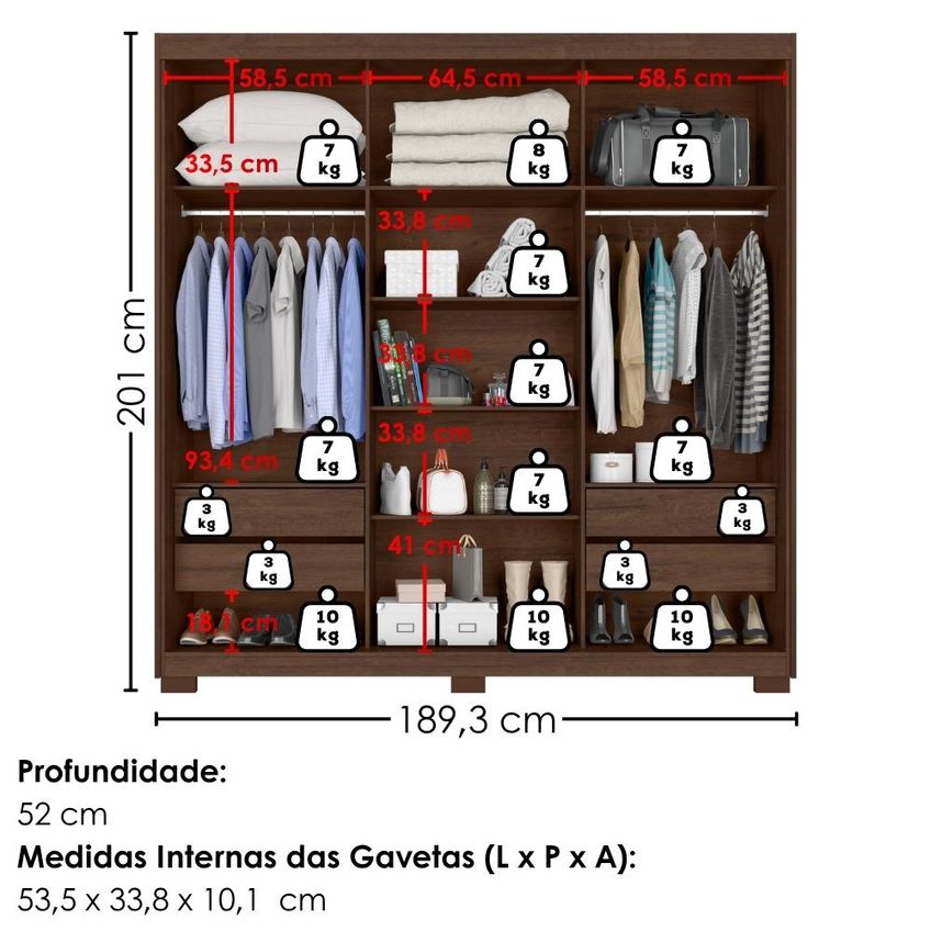Guarda Roupa Casal 3 Portas De Correr Com Espelho Confort 190 Cm Jacaranda Zanz - imagem 3