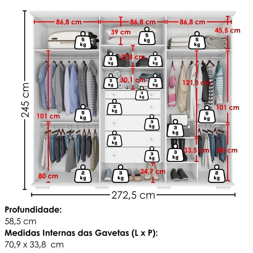 Guarda Roupa Casal 6 Portas Com Espelho Rest 273 Cm Branco Absoluto Zanz - imagem 3