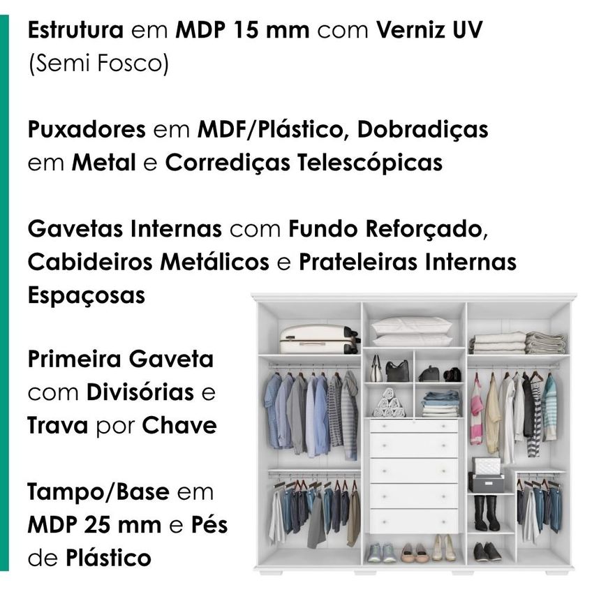 Guarda Roupa Casal 6 Portas Com Espelho Rest 273 Cm Branco Absoluto Zanz - imagem 4