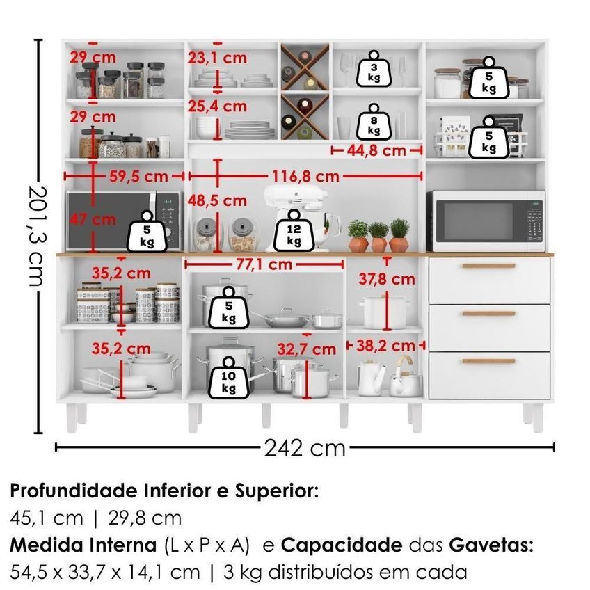 Kit Cozinha Polar 8 Portas 3 Gavetas Mdp 242cm Branco Absoluto Milani Movelaria - imagem 3