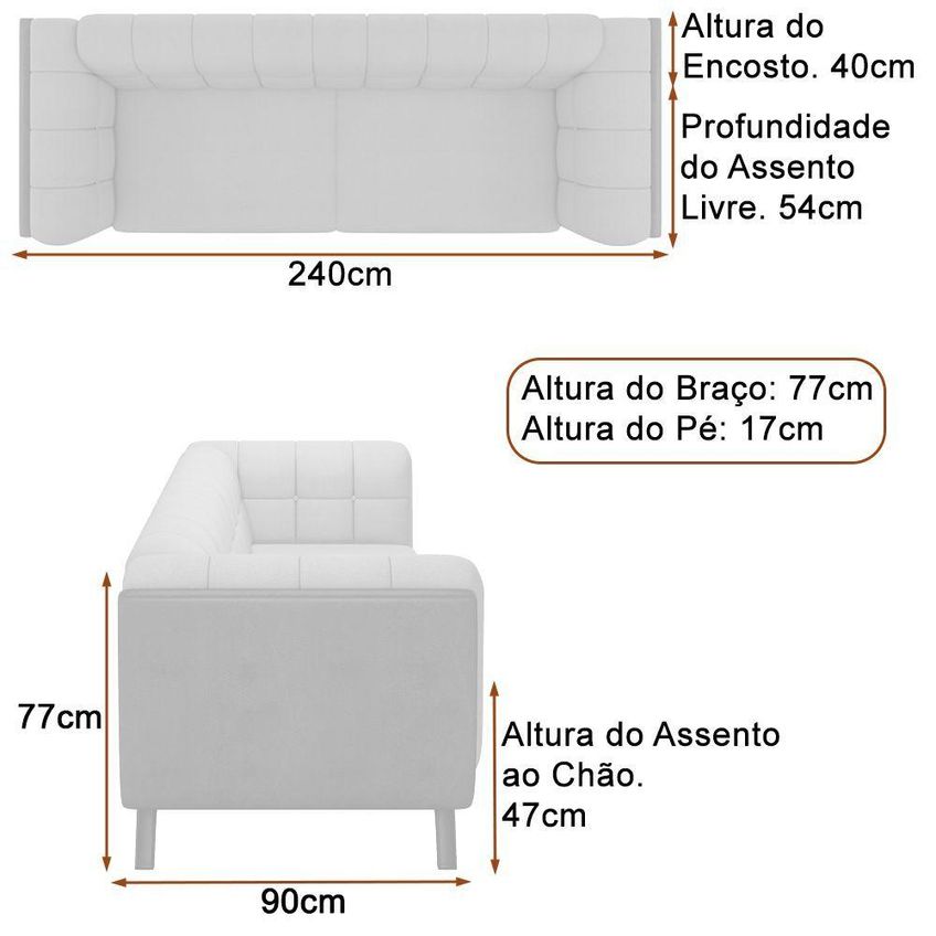 Sofá Coin 3 Lugares 240cm Marrom Courino Veludo Cinza Estrutura Madeira Sallar Home - imagem 5