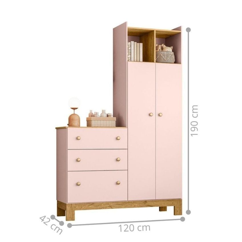Guarda Roupa Infantil Com Cômoda 2 Portas 3 Gavetas MDP Rosa 120,4cm Mais De Casa - imagem 3