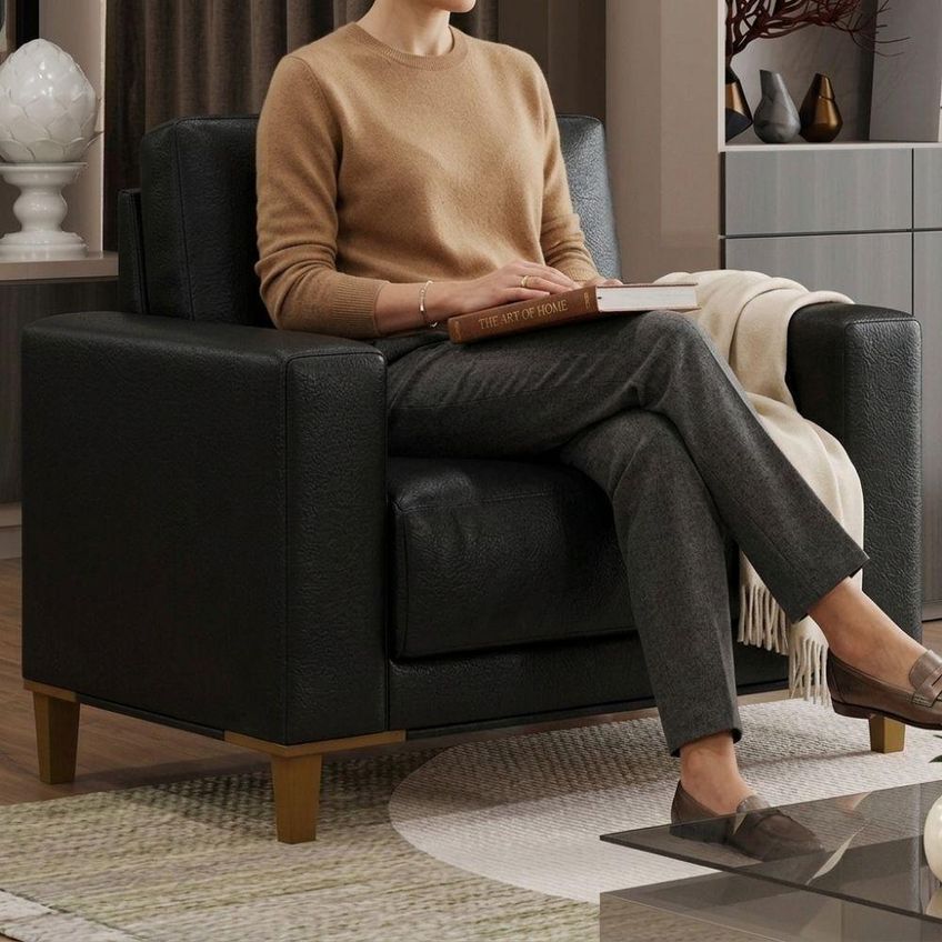 Poltrona Decorativa Oásis Revestimento Corino Assento Espuma D26 Pés Palito Madeira Milani Movelaria - imagem 5