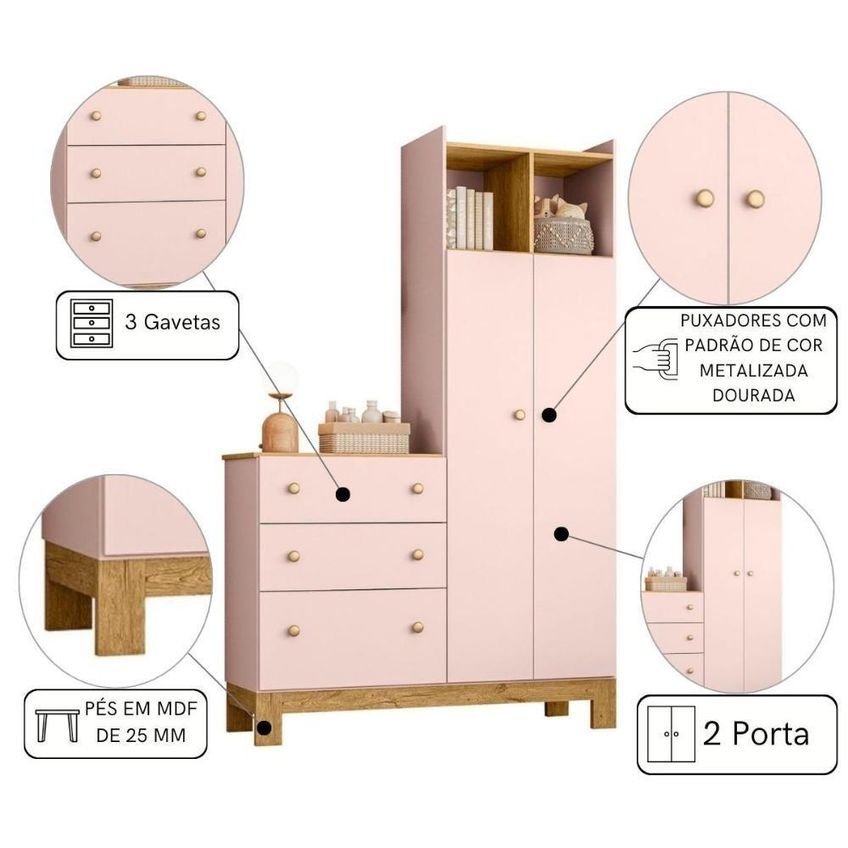 Guarda Roupa Infantil Com Cômoda 2 Portas 3 Gavetas MDP Rosa 120,4cm Mais De Casa - imagem 4