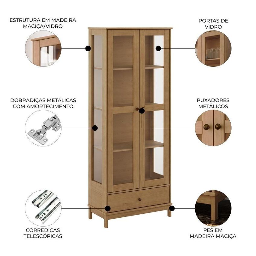 Cristaleira Vitalis 2 Portas 3 Prateleiras Madeira Maciça Com Gaveta Marrom Mpozenato 80cm - imagem 5