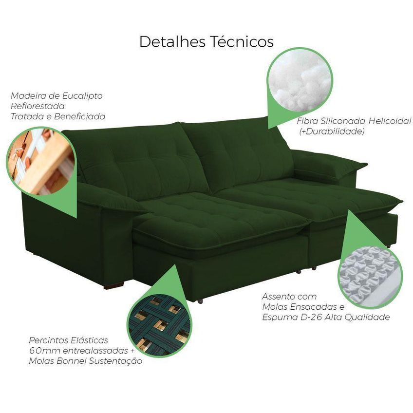 Sofá Com Chaise Lisboa 3 Lugares Retrátil E Reclinável 240cm Verde Lansof Brasil - imagem 5