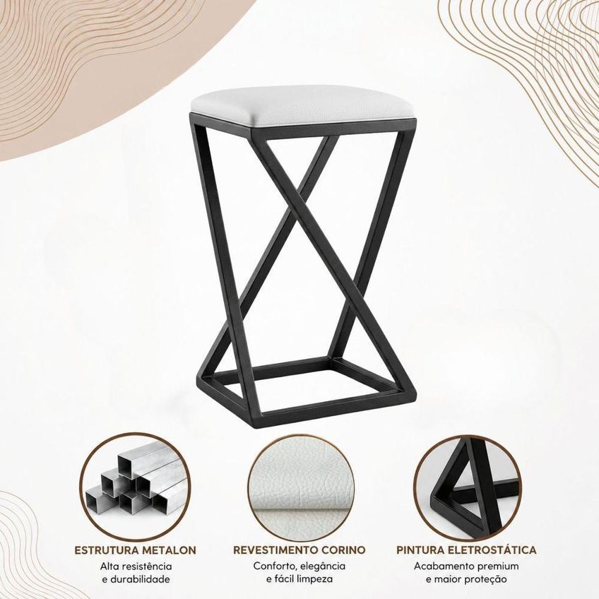 Kit 2 Banquetas Industriais Assento Couro Sintético Base Em Z Sem Encosto Fixo Branco Isa Estofados - imagem 4