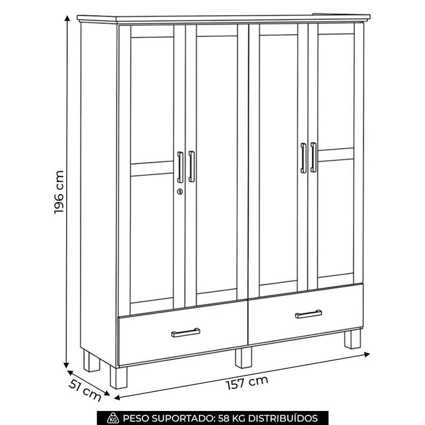 Guarda Roupa Casal Lone 4 Portas De Bater 2 Gavetas Madeira Maciça Castanho 157cm Mpozenato - imagem 3