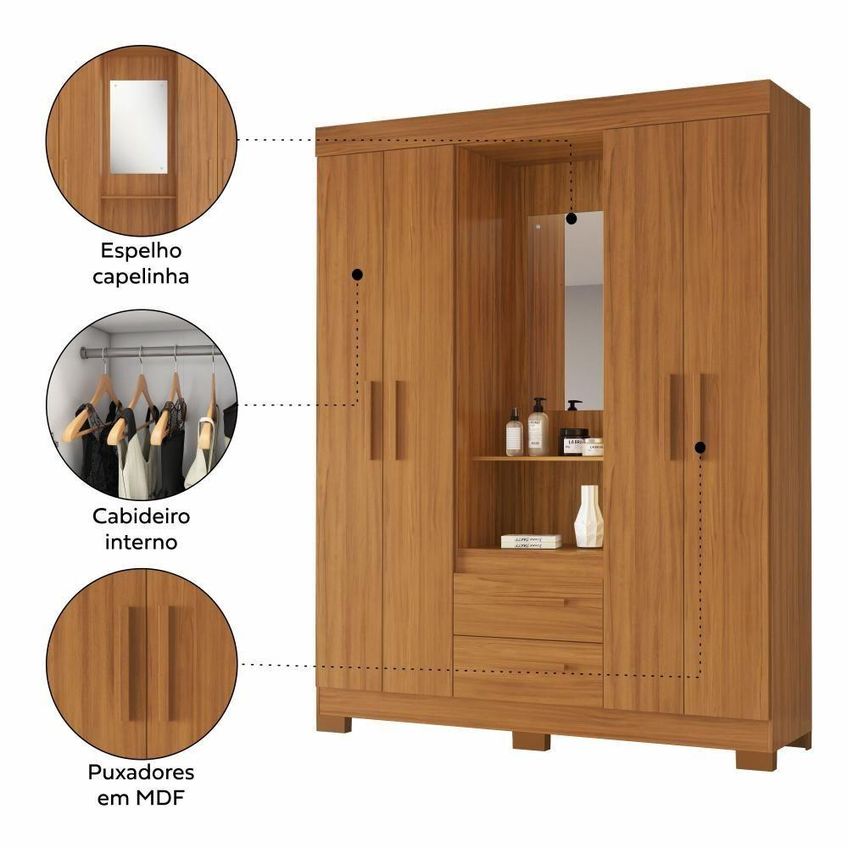 Guarda Roupa Solteiro E Closet Capelinha 4 Portas De Bater Mdf-mdp Com Espelho Freijó Trend 138.5cm - imagem 4