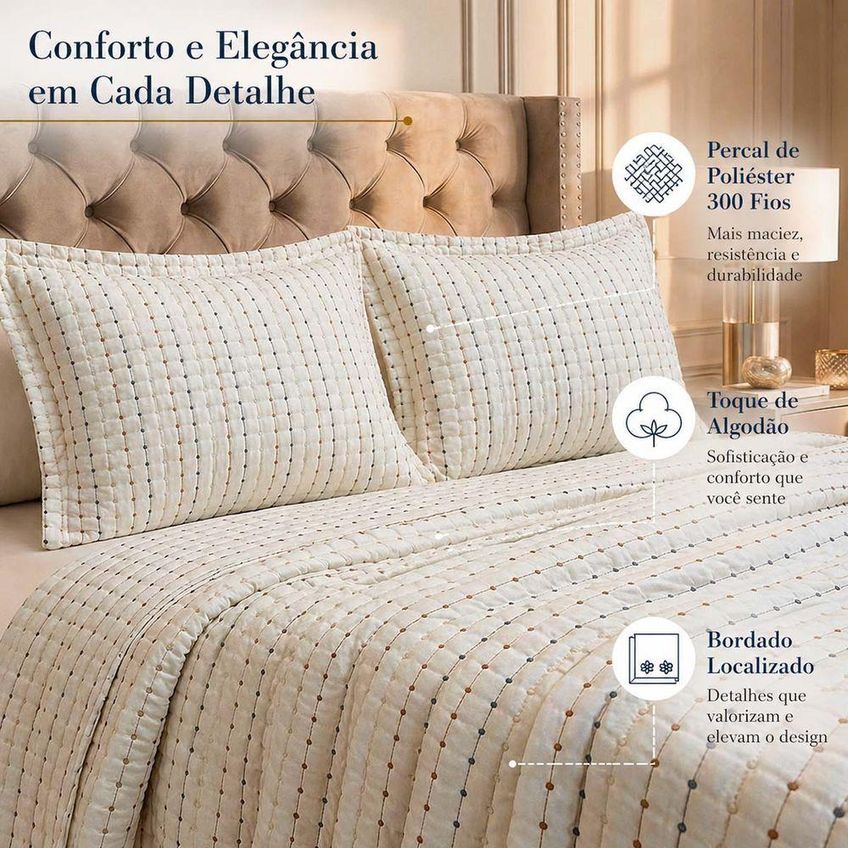 Kit Cobre Leito Bordare Queen 3 Peças 300 Fios 100% Poliéster Toque De Algodão Bege Casa Scarpa - imagem 3
