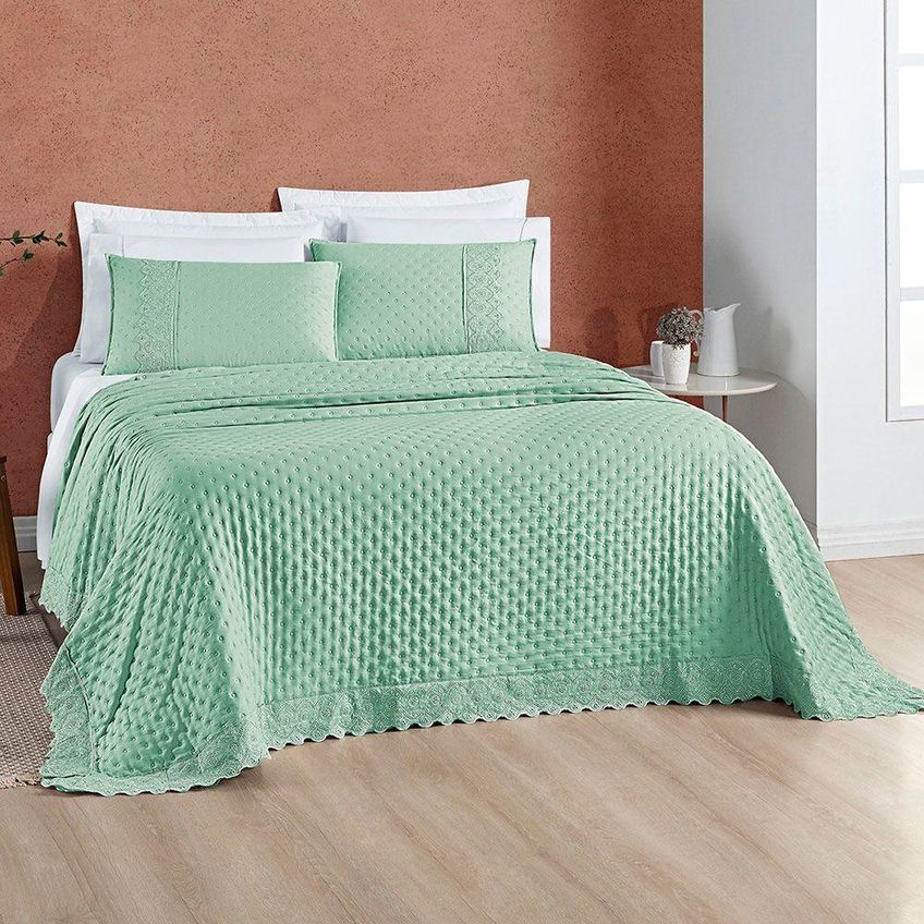 Kit Cobre Leito 3 Peças Bouclê Laise Bordada Micropercal 200 Fios Queen Verde Casa Scarpa - imagem 3