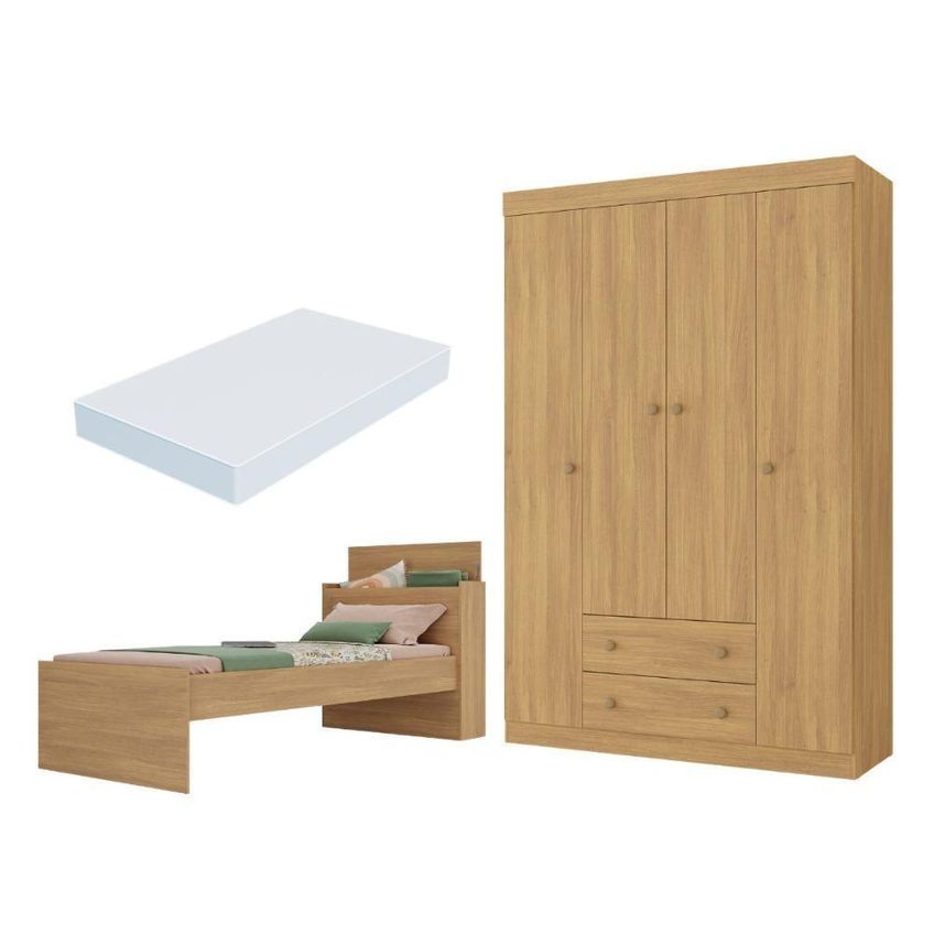 Conjunto De Quarto Cama Colchão Incluso Guarda Roupa 4 Portas 2 Gavetas Lira Mdp Amadeirado - imagem 3