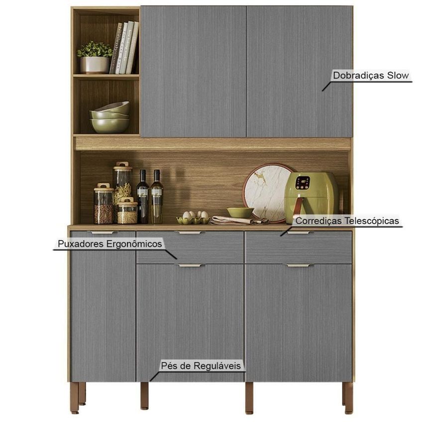 Armário De Cozinha Compacto Flora 5 Portas 2 Gavetas Mdf-mdp 144cm Amadeirado - imagem 4