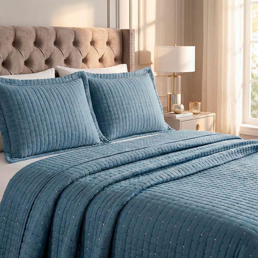 Kit Cobre Leito Bordare Casal 300 Fios Poliéster Toque Algodão Azul Casa Scarpa - imagem 3