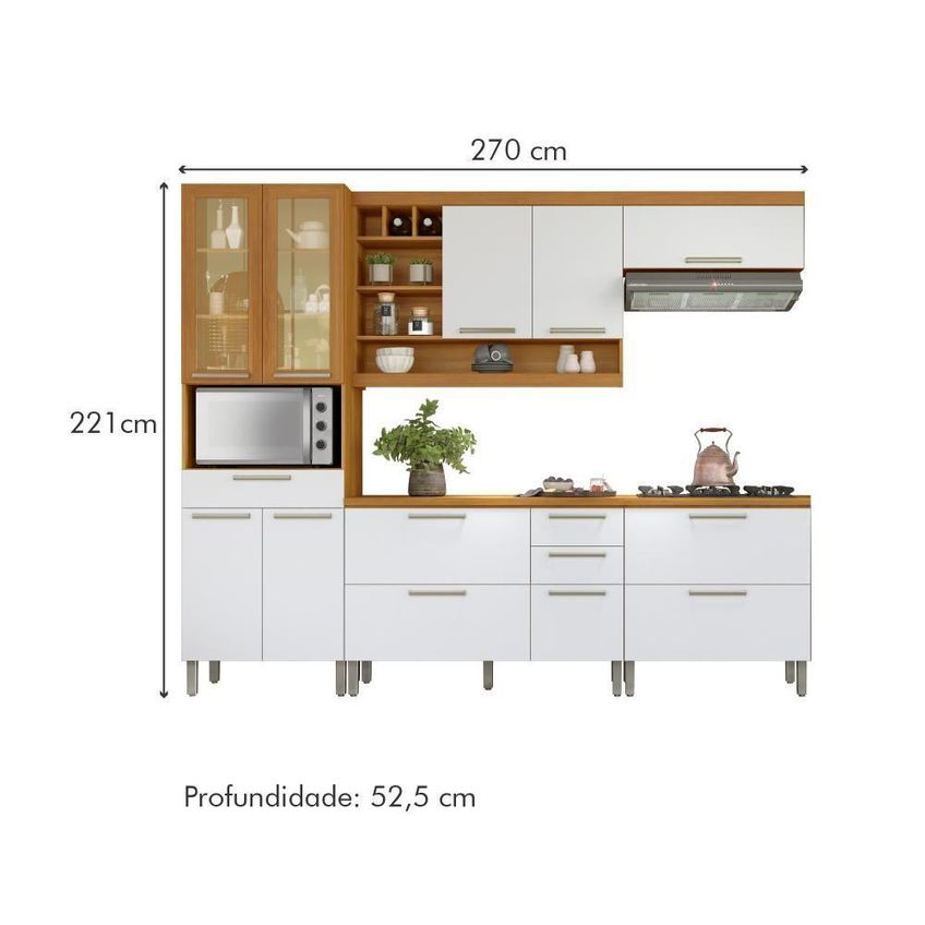 Cozinha Completa Burguesa 5 Peças Sem Porta Sem Gaveta MDF 270cm Freijó E Branco Nesher Móveis - imagem 4