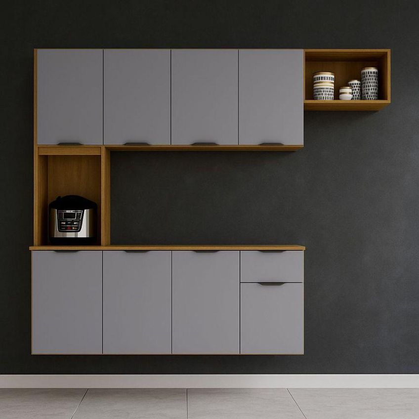 Cozinha Completa Suspensa Nara 5 Módulos MDP-MDF 251,2cm Cinamomo E Cinza Anyben - imagem 2