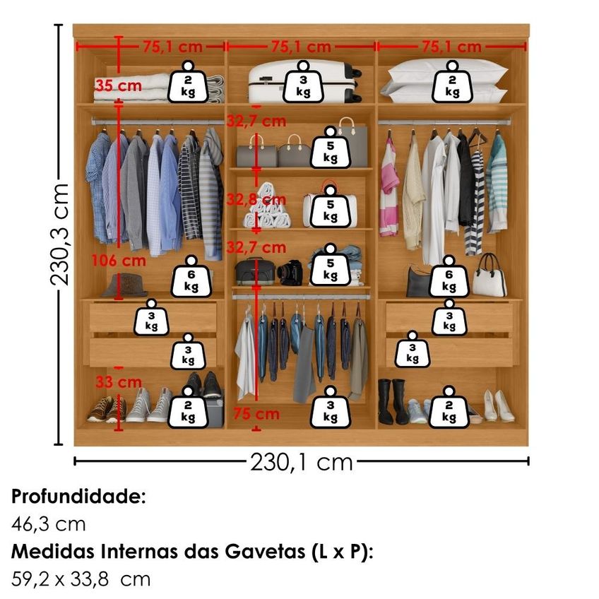 Guarda Roupa Casal 6 Portas Com Espelho Eviden 230 Cm Zanz Cinamomo - imagem 3
