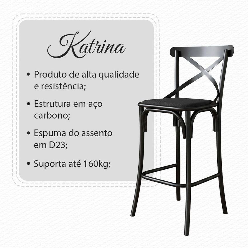 Banqueta Katrina Assento Em Corano Base Em Aço Com Encosto X Preto Móveis Iberia 45cm - imagem 3