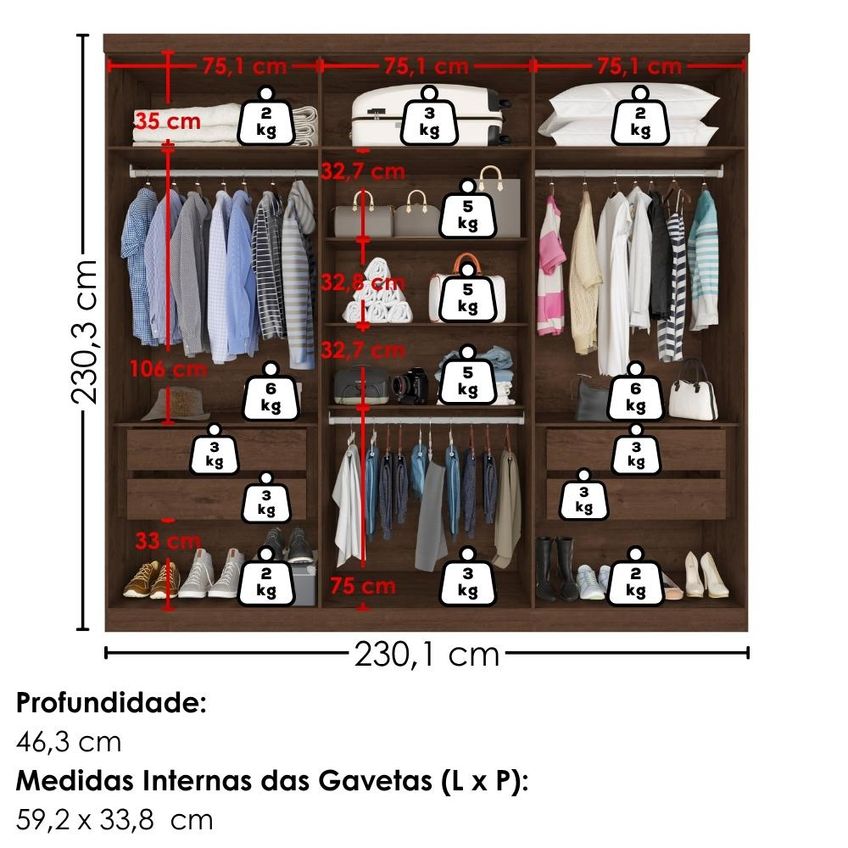 Guarda Roupa Casal 6 Portas Com Espelho Eviden 230 Cm Zanz Jacaranda - imagem 3