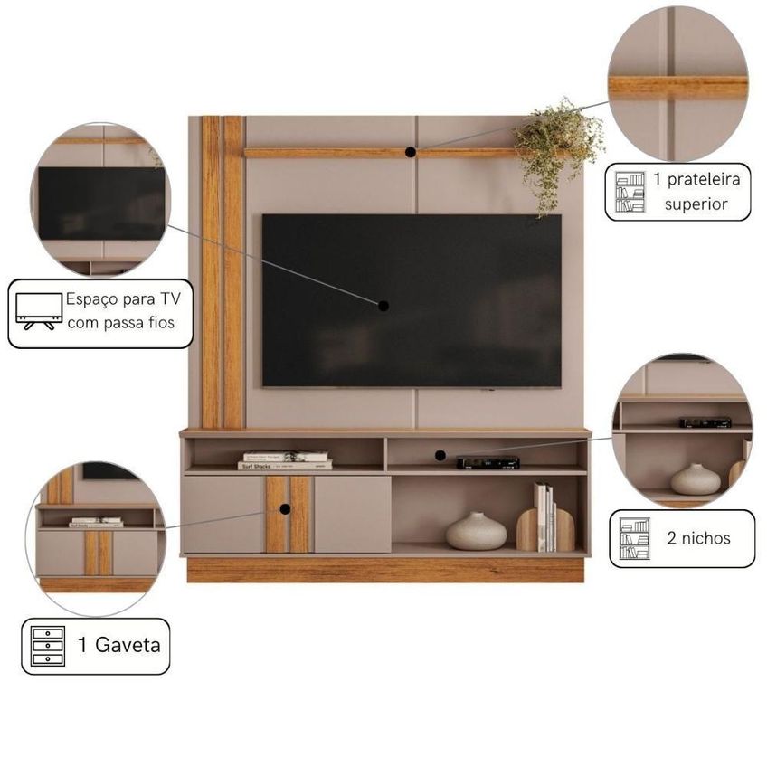 Conjunto Painel E Rack Home Suspenso Para Tvs Até 70 Polegadas 160cm Mdp Com Led Marrom Mais De Casa - imagem 3