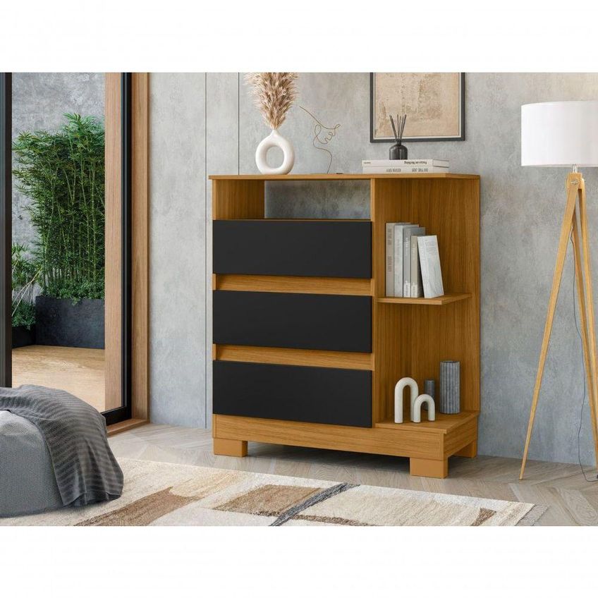 Cômoda 720 3 Gavetas MDP Puxador PVC Carvalho Eco e Preto Incorplac Móveis - imagem 2